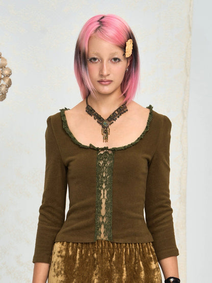 Chipchipshop_Moss_Green_Vintage_Lace_Round_Neck_Women&