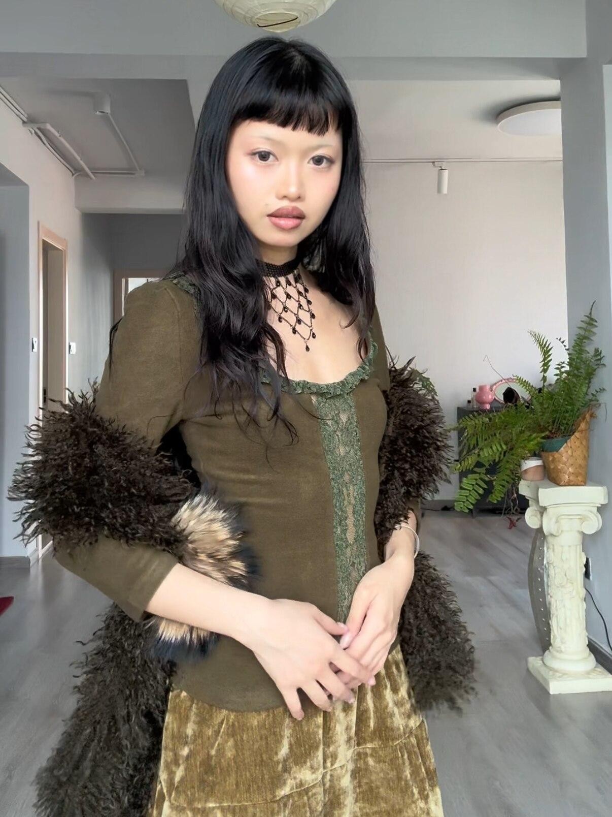 Chipchipshop Moss Green Vintage Lace Round Neck Women&