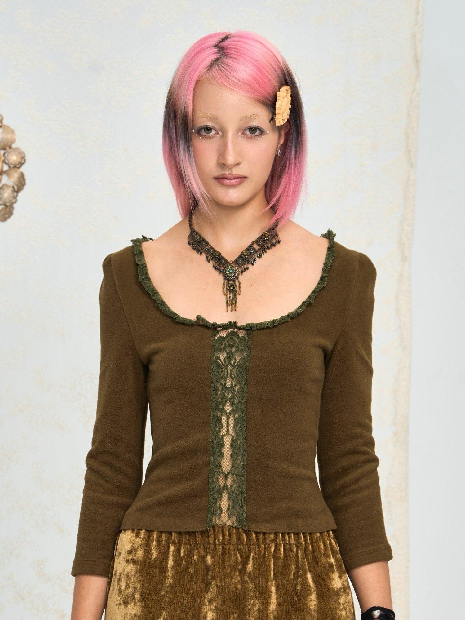 Chipchipshop Moss Green Vintage Lace Round Neck Women&