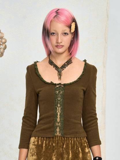 Chipchipshop Moss Green Vintage Lace Round Neck Women&