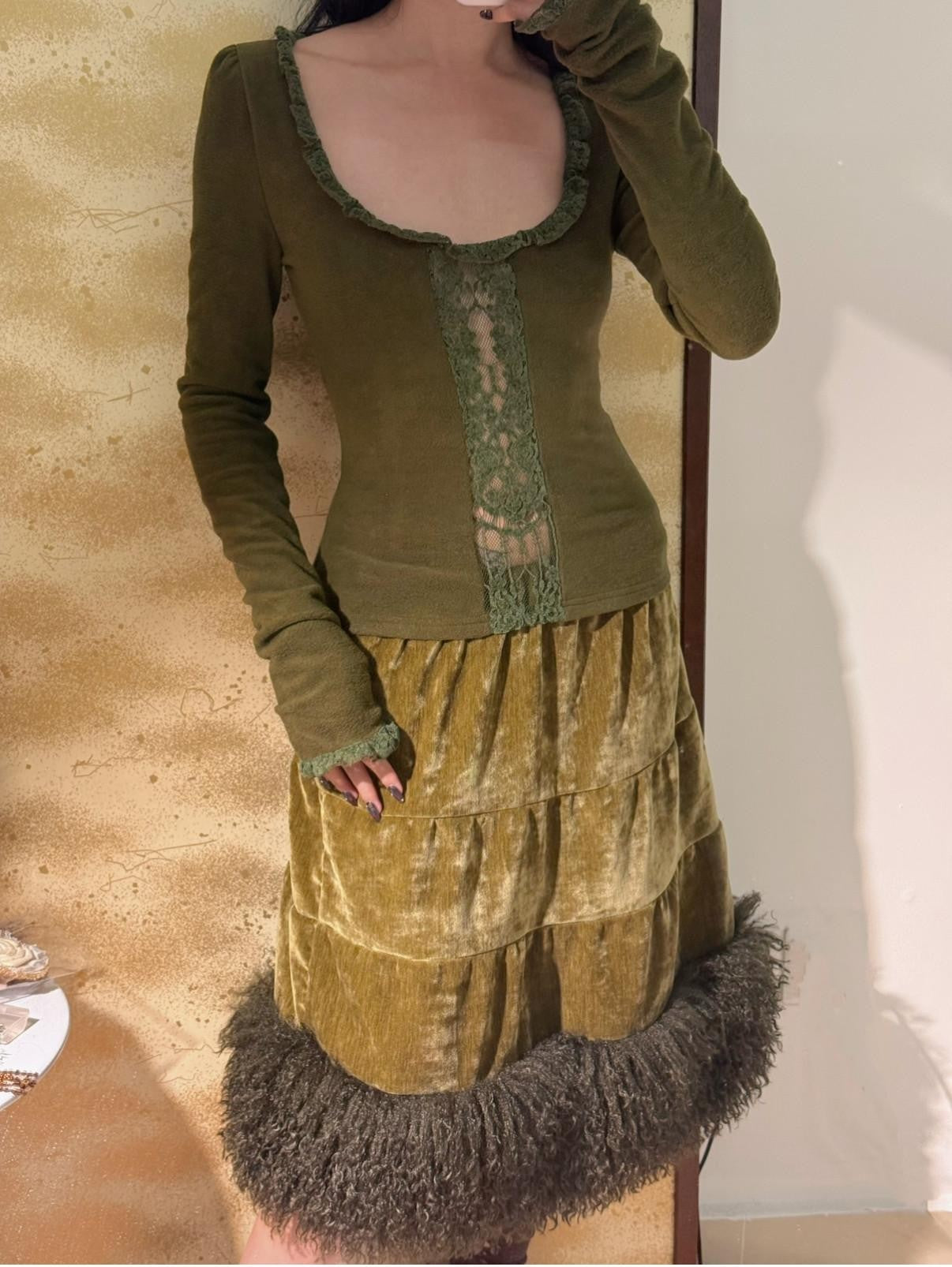 Chipchipshop Moss Green Vintage Lace Round Neck Women&