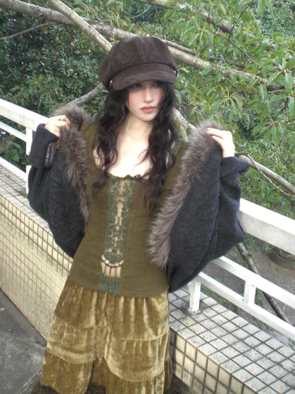 Chipchipshop Moss Green Vintage Lace Round Neck Women&