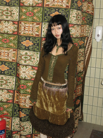 Chipchipshop Moss Green Vintage Lace Round Neck Women&