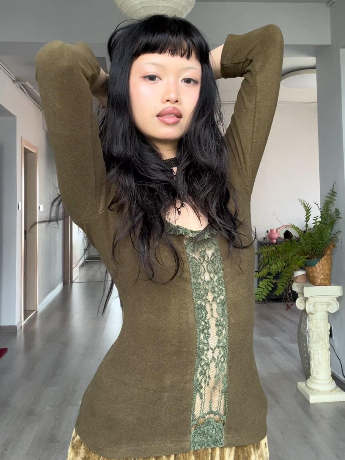 Chipchipshop Moss Green Vintage Lace Round Neck Women&