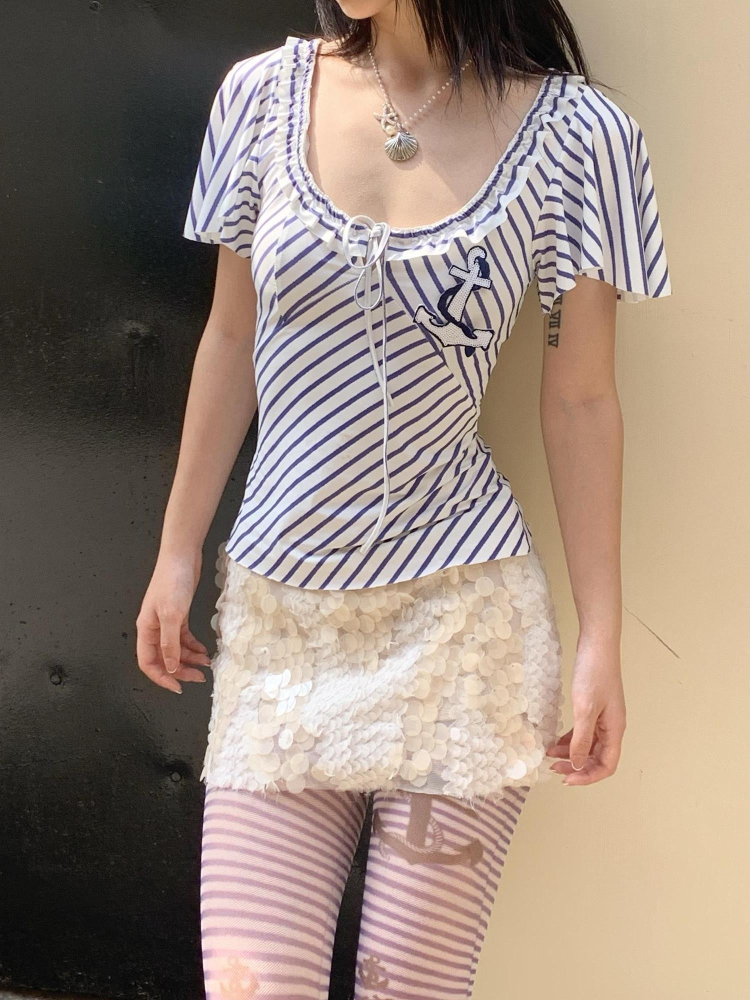 Chipchipshop Nautical Retro Striped Flutter Sleeve Women&