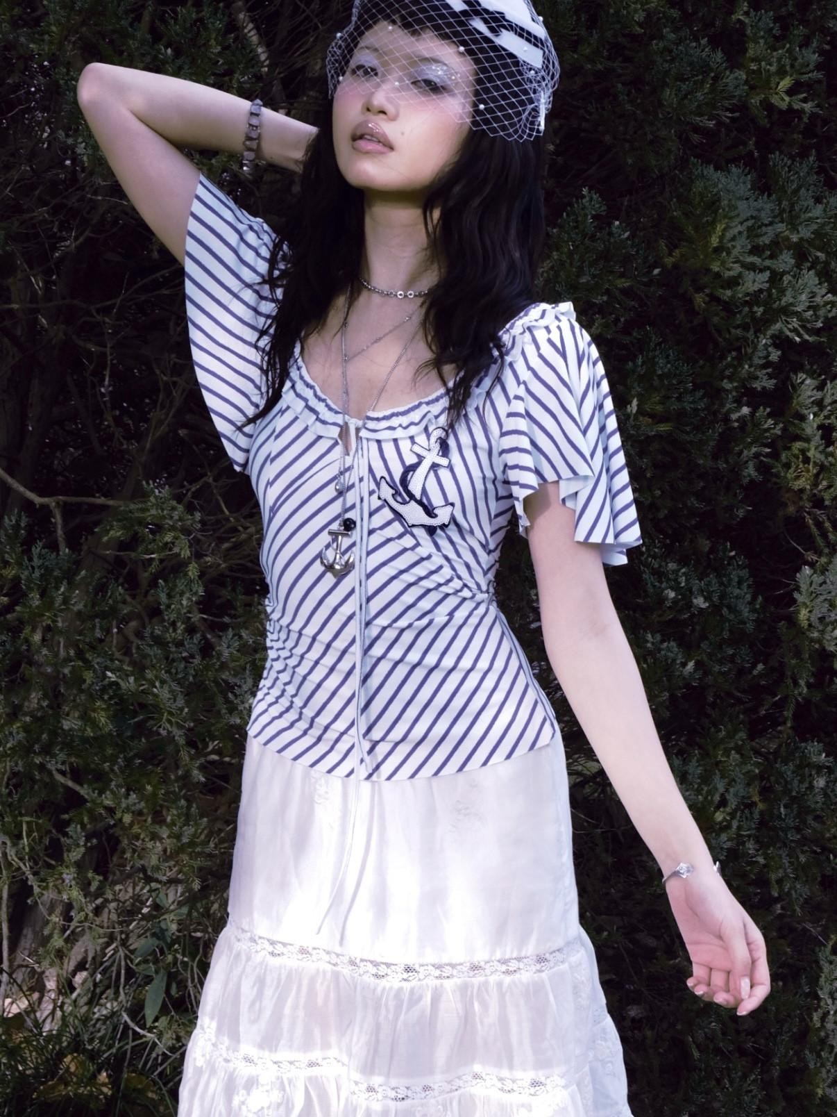 Chipchipshop Nautical Retro Striped Flutter Sleeve Women&