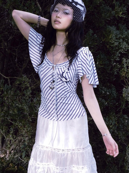 Chipchipshop Nautical Retro Striped Flutter Sleeve Women&