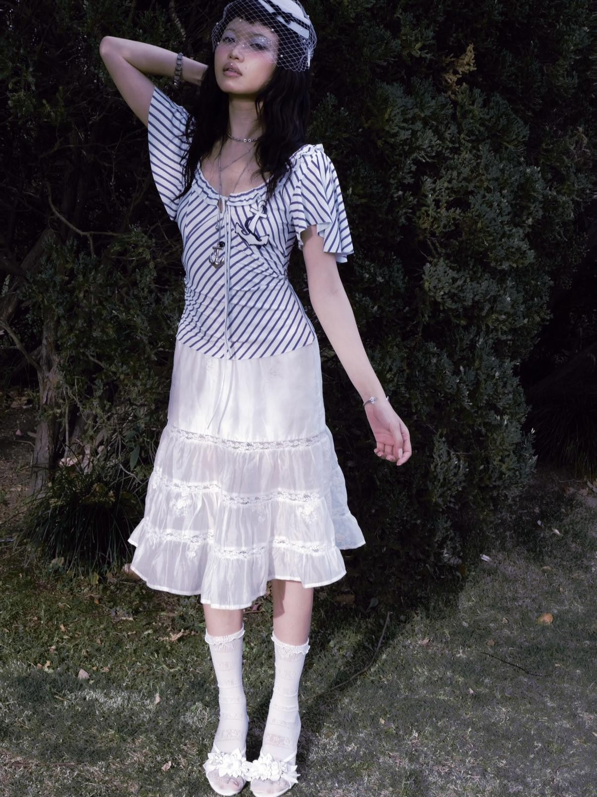 Chipchipshop Nautical Retro Striped Flutter Sleeve Women&