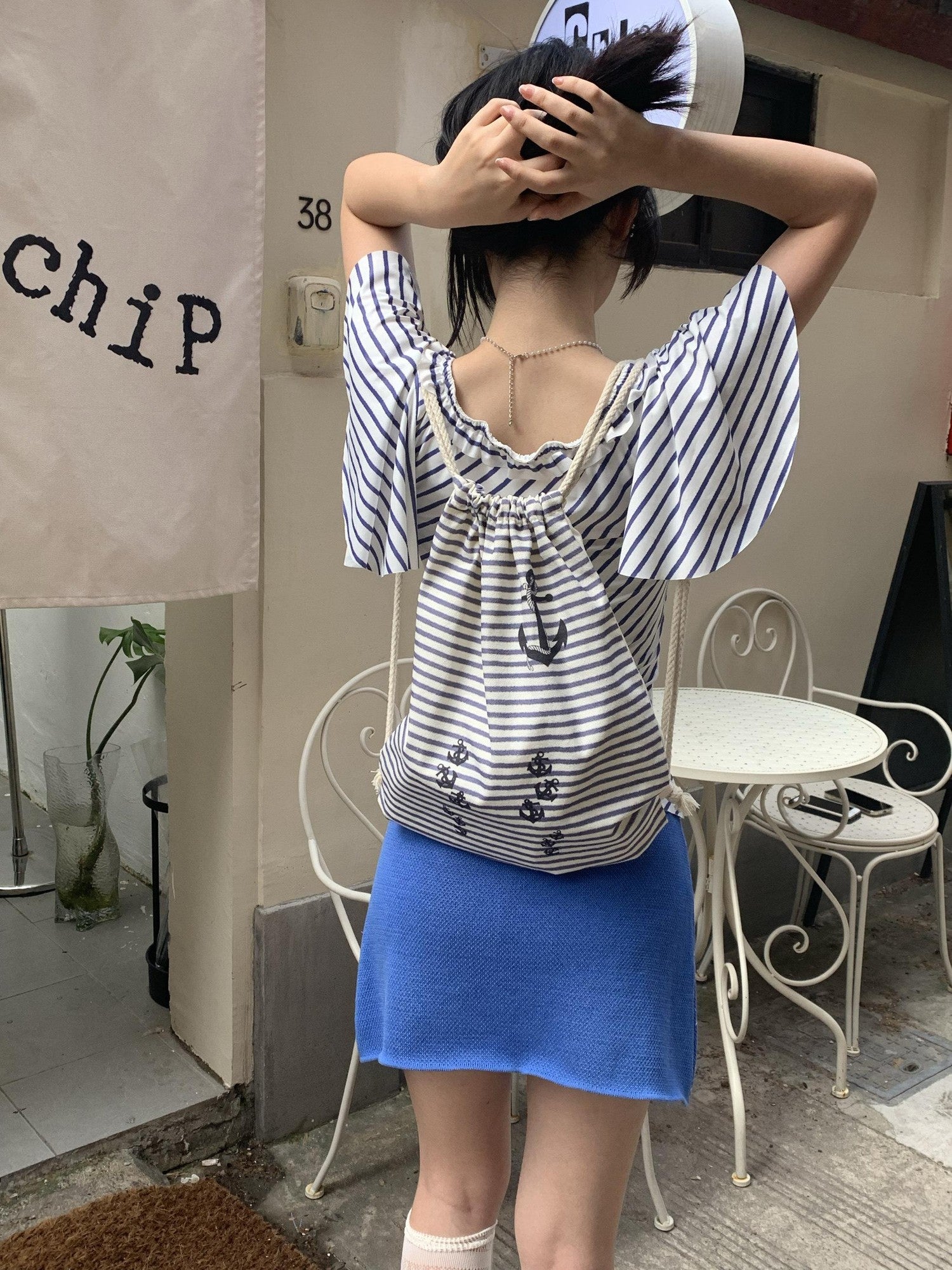 Chipchipshop Nautical Retro Striped Flutter Sleeve Women&