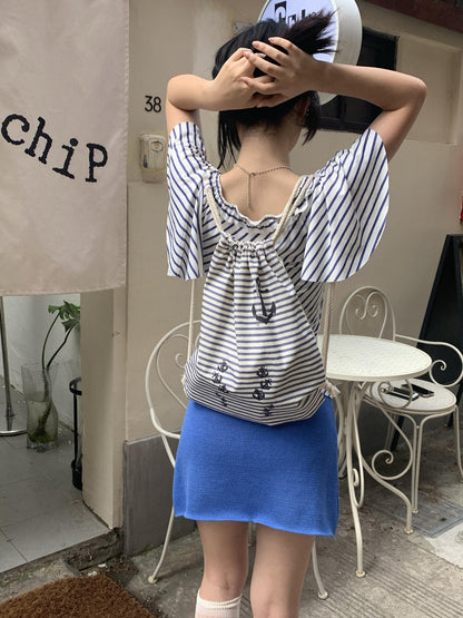 Chipchipshop Nautical Retro Striped Flutter Sleeve Women&