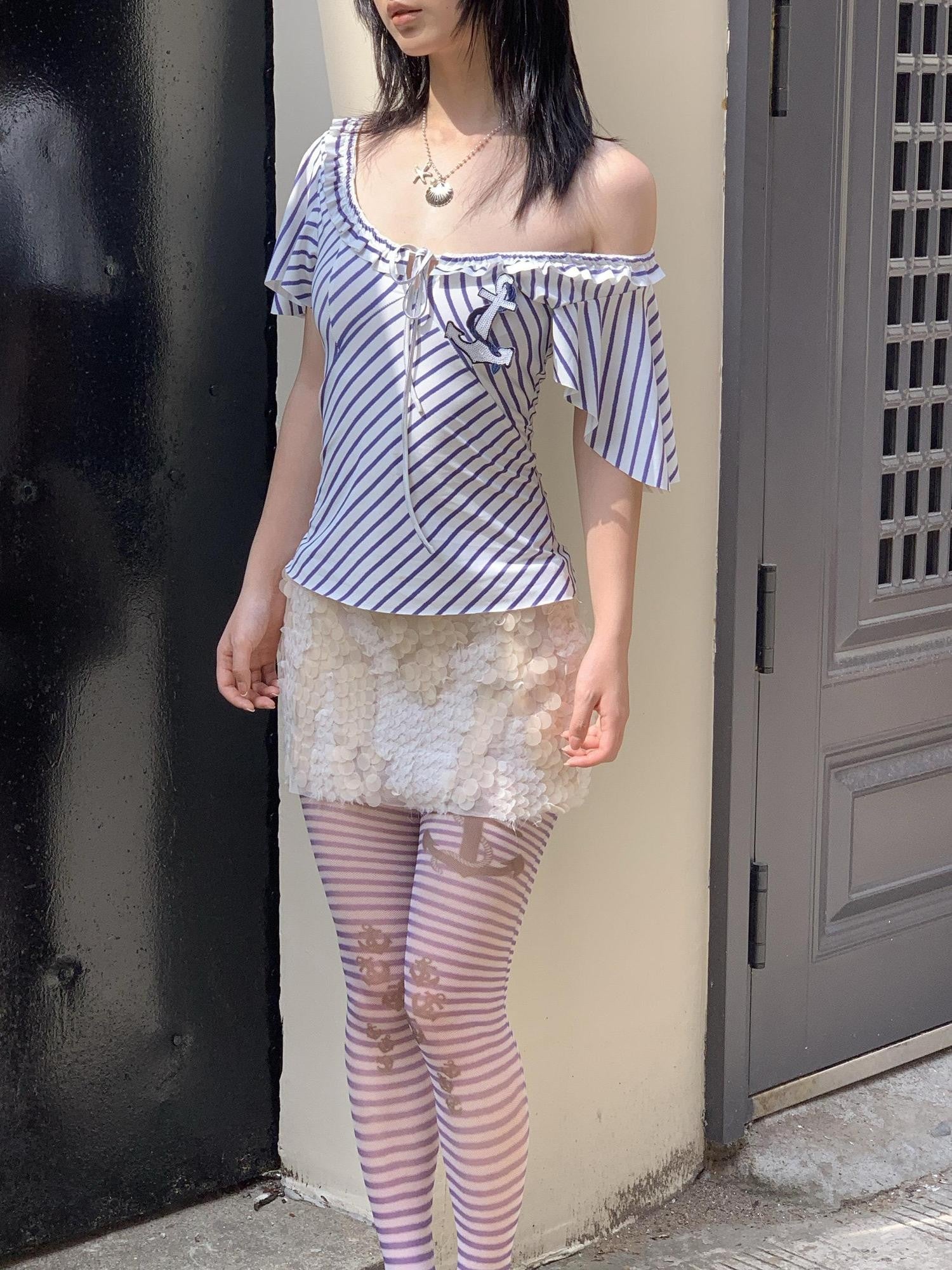 Chipchipshop Nautical Retro Striped Flutter Sleeve Women&