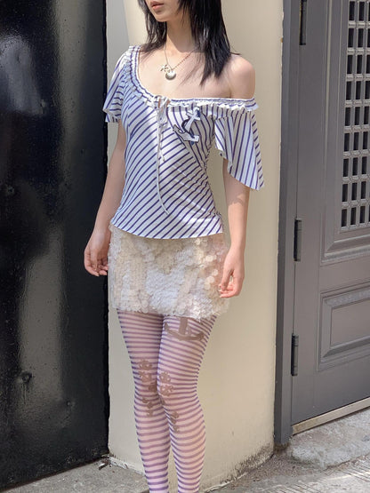Chipchipshop Nautical Retro Striped Flutter Sleeve Women&