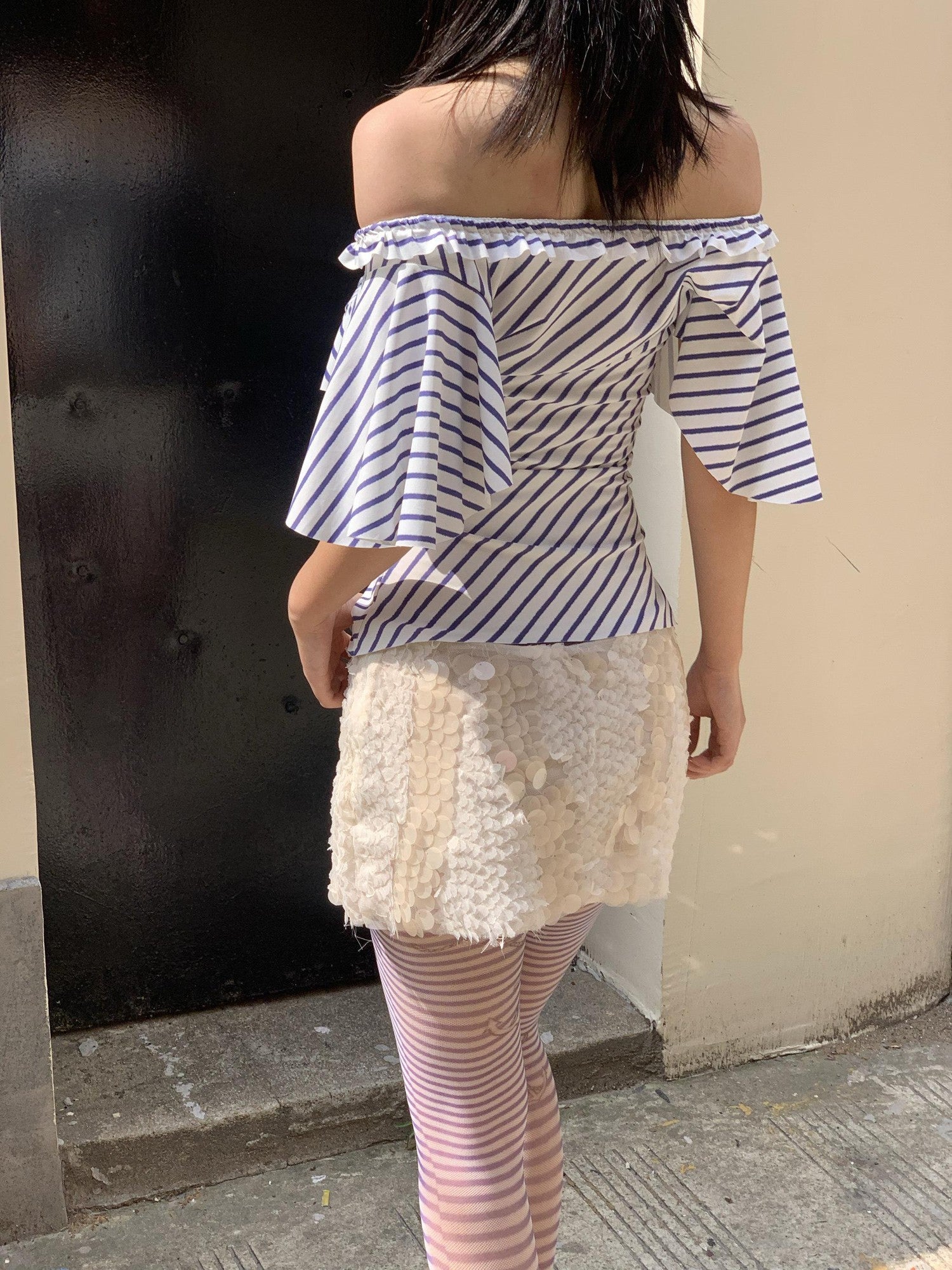Chipchipshop Nautical Retro Striped Flutter Sleeve Women&
