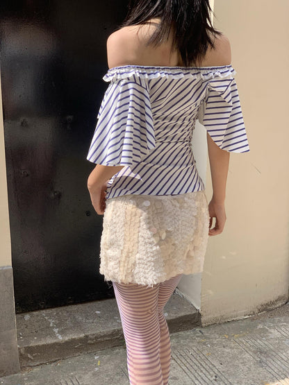 Chipchipshop Nautical Retro Striped Flutter Sleeve Women&