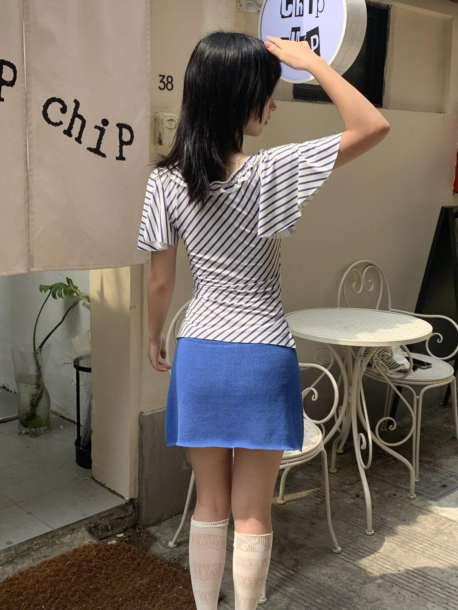Chipchipshop Nautical Retro Striped Flutter Sleeve Women&