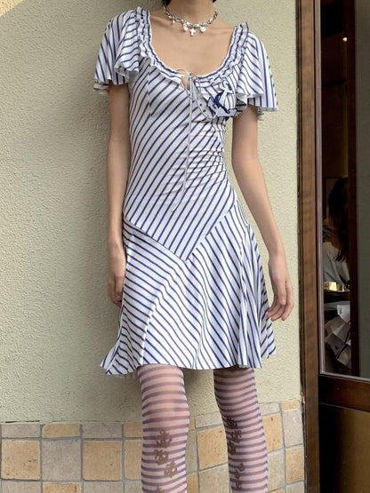 Chipchipshop Nautical Striped Puff Sleeve Square Neck Women&