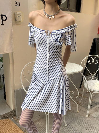 Chipchipshop Nautical Striped Puff Sleeve Square Neck Women&