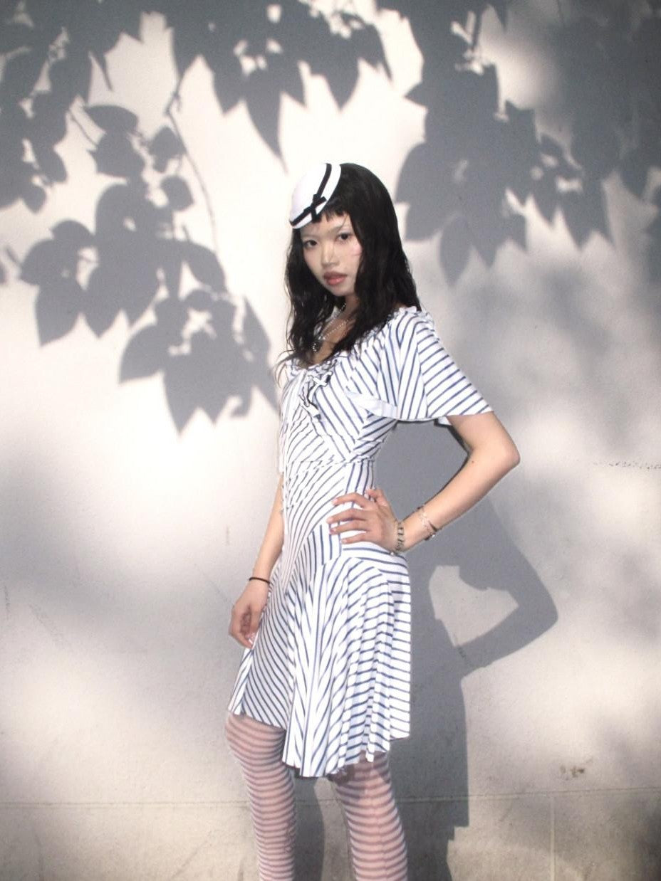 Chipchipshop Nautical Striped Puff Sleeve Square Neck Women&