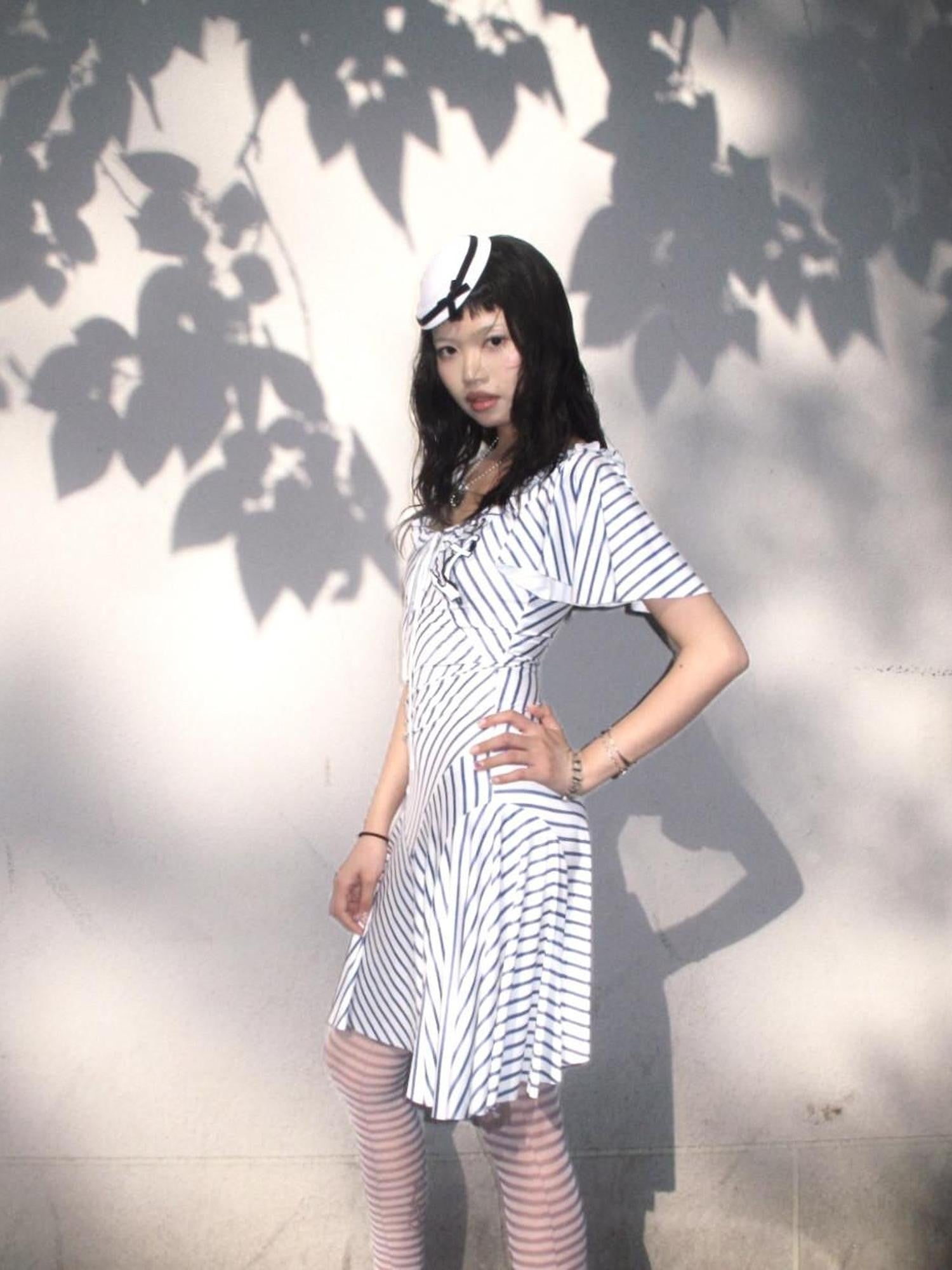 Chipchipshop Nautical Striped Puff Sleeve Square Neck Women&