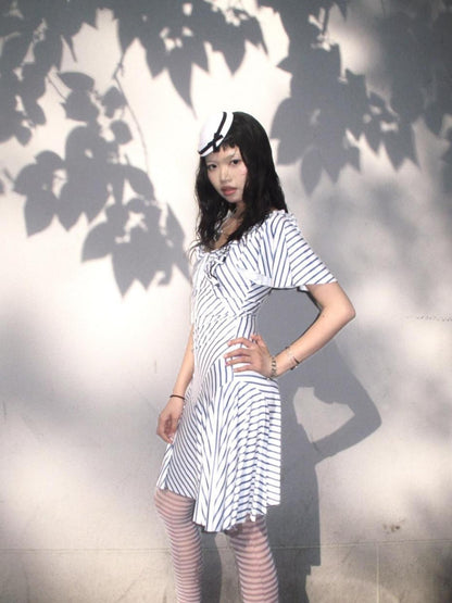 Chipchipshop Nautical Striped Puff Sleeve Square Neck Women&