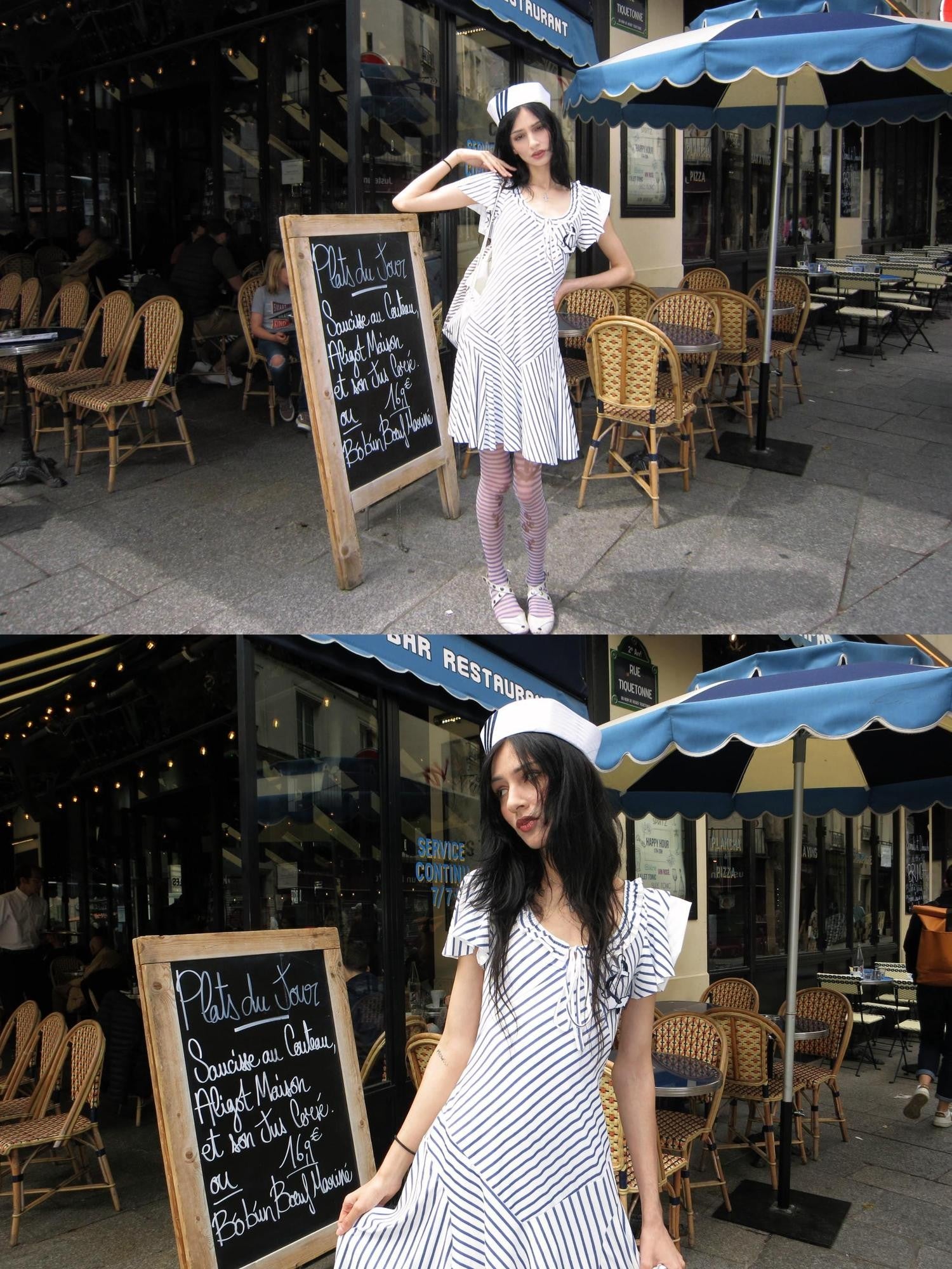 Chipchipshop Nautical Striped Puff Sleeve Square Neck Women&