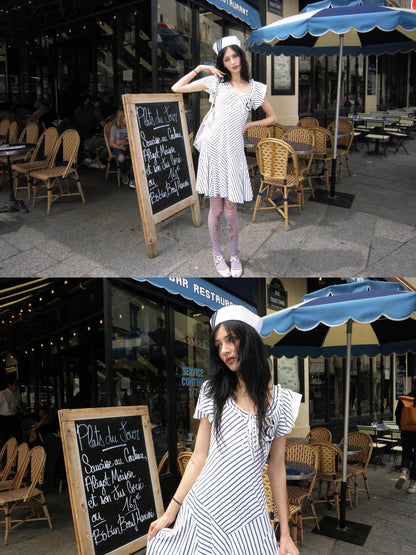 Chipchipshop Nautical Striped Puff Sleeve Square Neck Women&