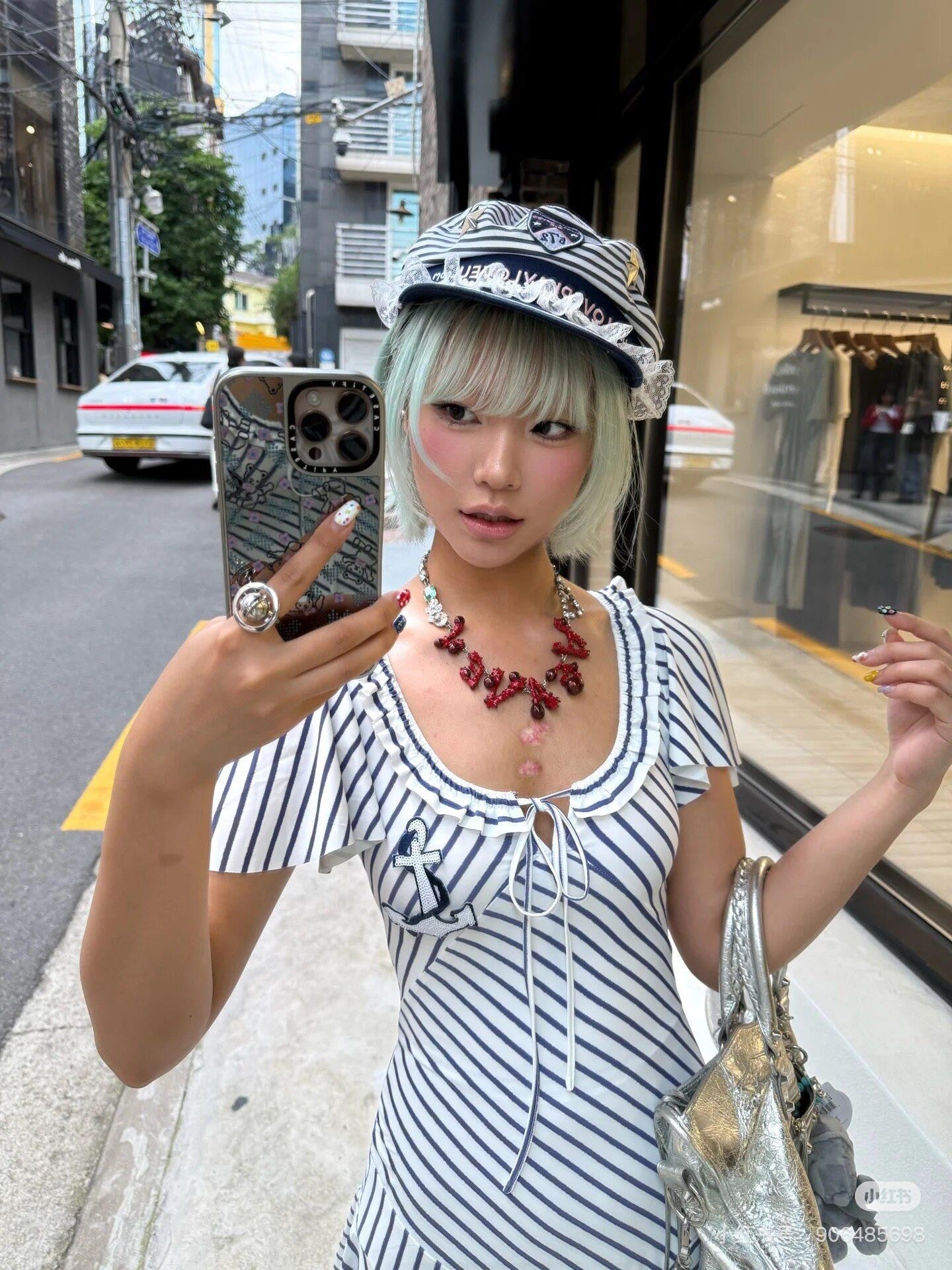 Chipchipshop Nautical Striped Puff Sleeve Square Neck Women&