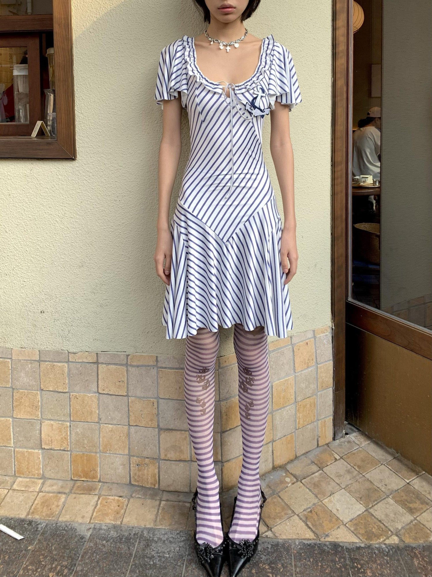 Chipchipshop Nautical Striped Puff Sleeve Square Neck Women&