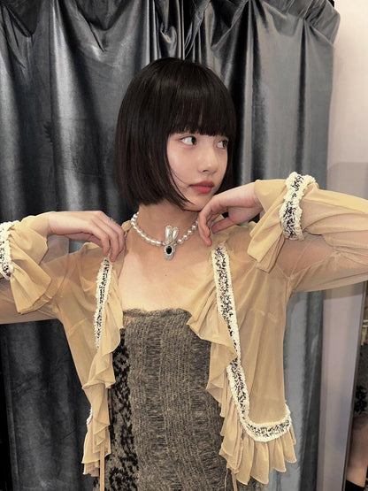 Chipchipshop Nude Sheer Ruffle Collar Drawstring Stretch Women&