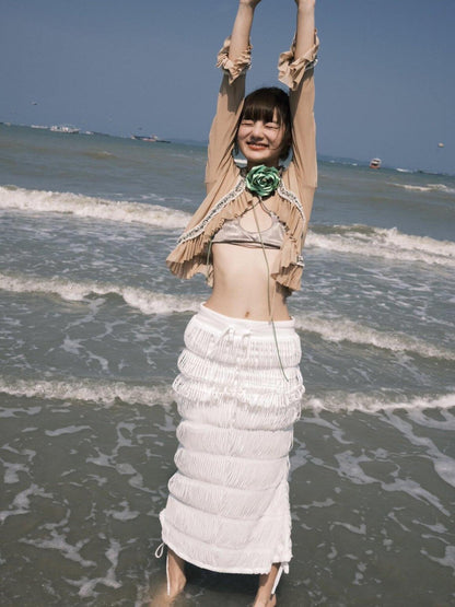 Chipchipshop Nude Sheer Ruffle Collar Drawstring Stretch Women&