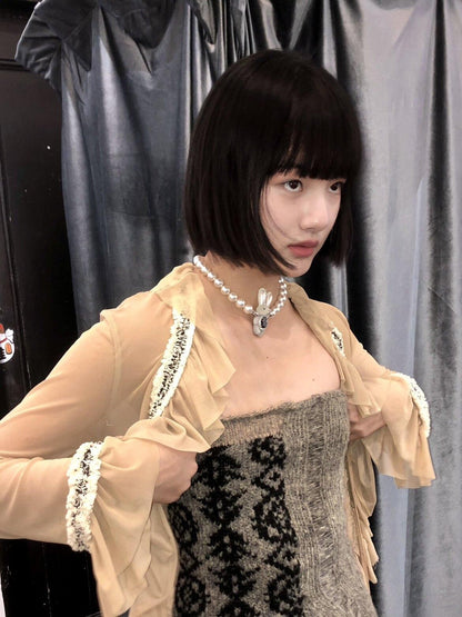 Chipchipshop Nude Sheer Ruffle Collar Drawstring Stretch Women&