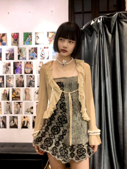 Chipchipshop Nude Sheer Ruffle Collar Drawstring Stretch Women&