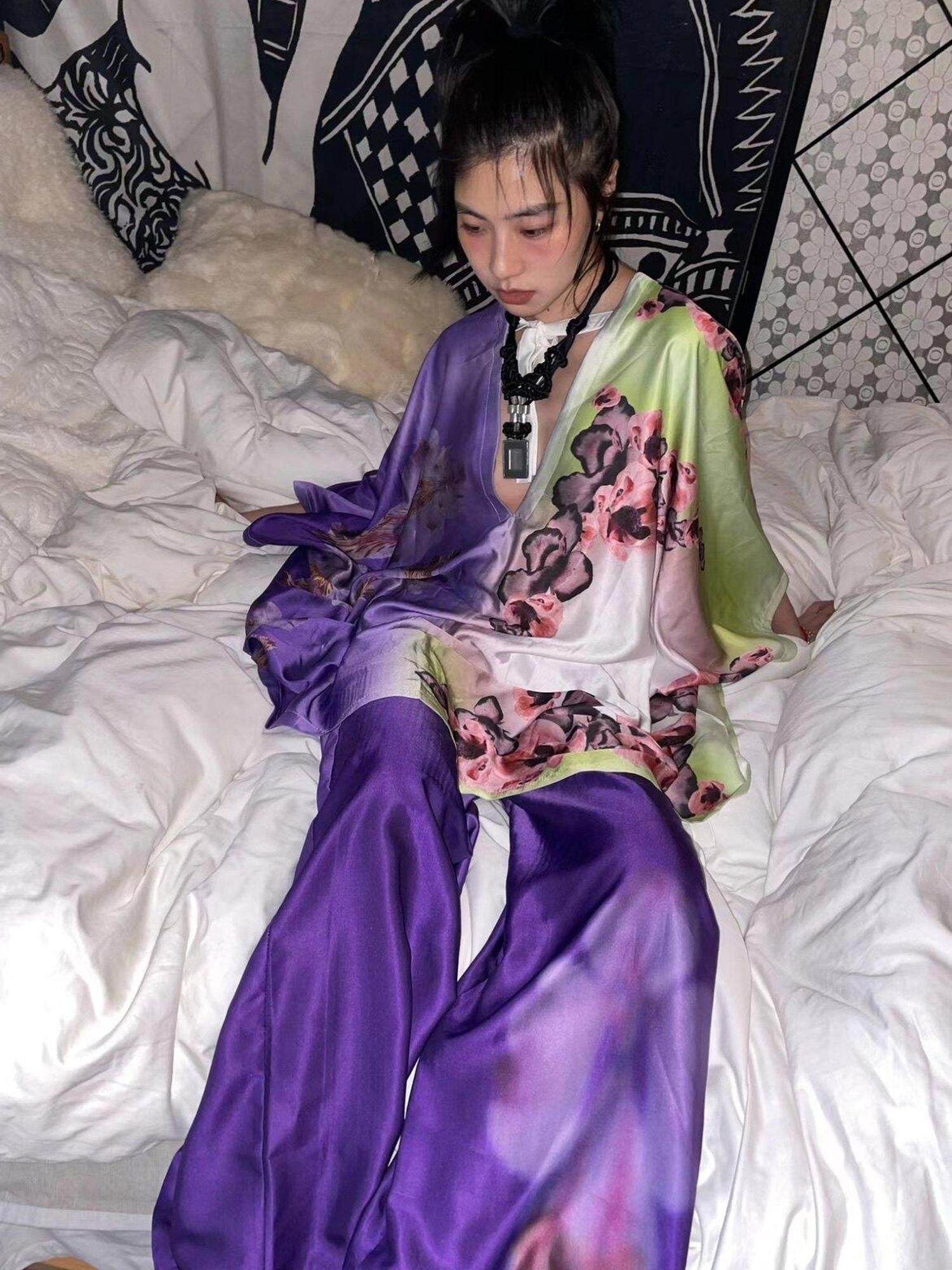 Chipchipshop Phantom Purple Printed Loose Satin Strappy Women&