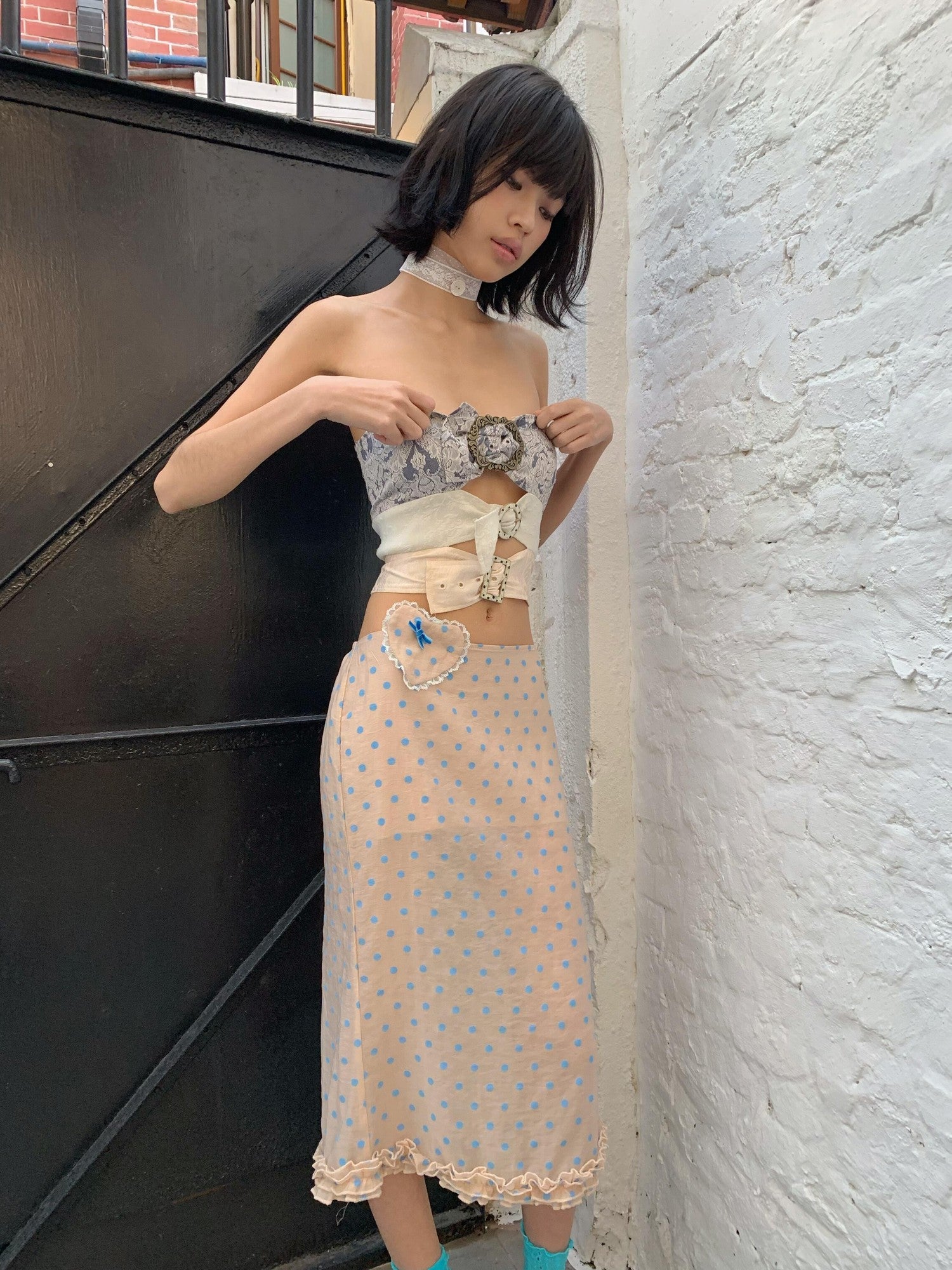 Chipchipshop Pink Blue Polka Dot Ruffle Low Waist Women&