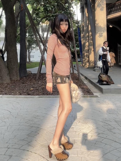 Chipchipshop Pink Brown Striped Cutout Wide Neck Punk Women&