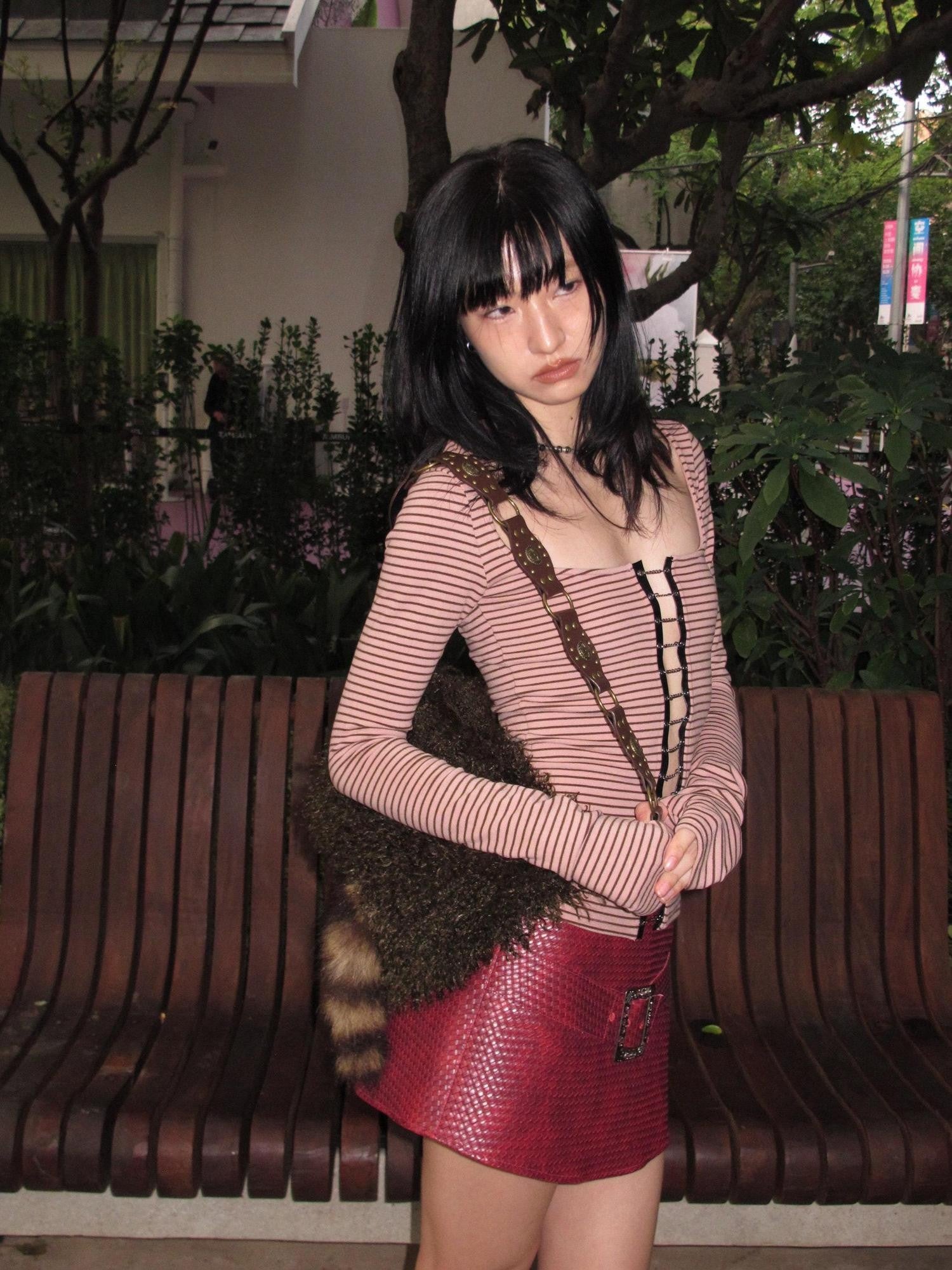 Chipchipshop Pink Brown Striped Cutout Wide Neck Punk Women&