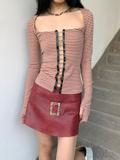 Chipchipshop Pink Brown Striped Cutout Wide Neck Punk Women&