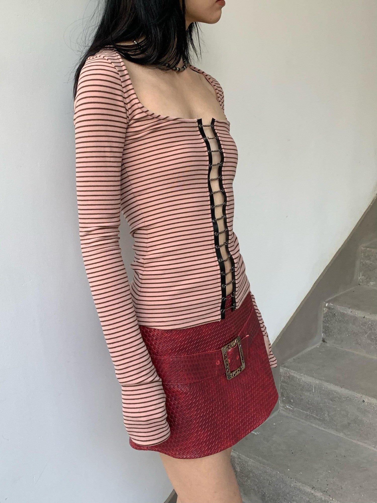 Chipchipshop Pink Brown Striped Cutout Wide Neck Punk Women&