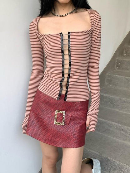 Chipchipshop Pink Brown Striped Cutout Wide Neck Punk Women&