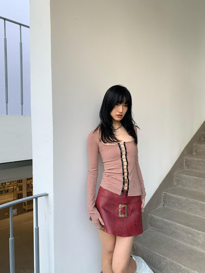 Chipchipshop Pink Brown Striped Cutout Wide Neck Punk Women&