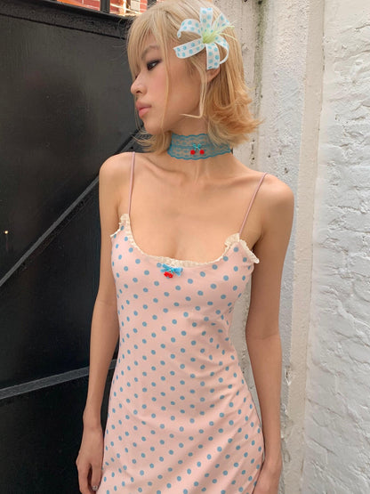 Chipchipshop Pink Polka Dot Spaghetti Strap Stretch Bodycon Women&