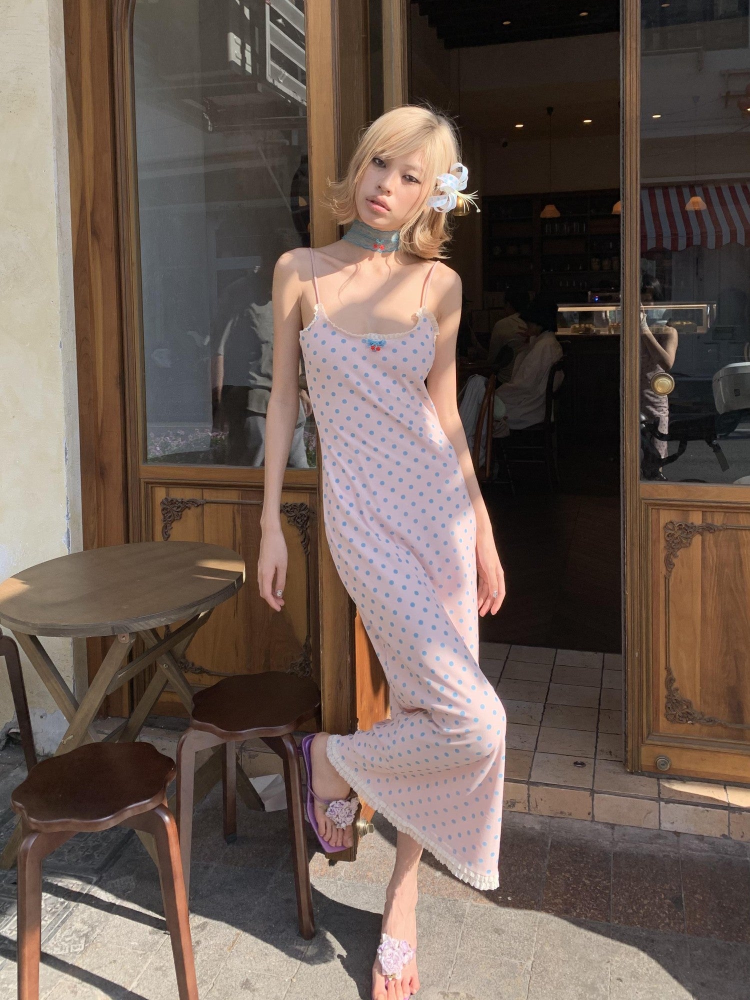 Chipchipshop Pink Polka Dot Spaghetti Strap Stretch Bodycon Women&