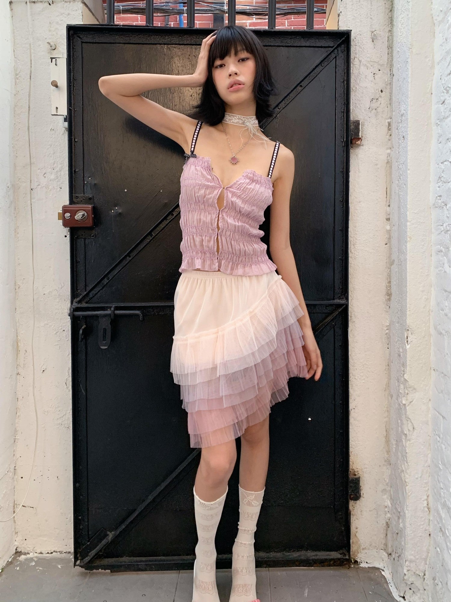 Chipchipshop Pink Purple Cloud Asymmetrical Tulle Ruffle Women&