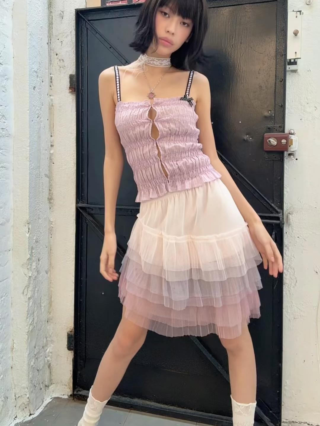 Chipchipshop Pink Purple Cloud Asymmetrical Tulle Ruffle Women&