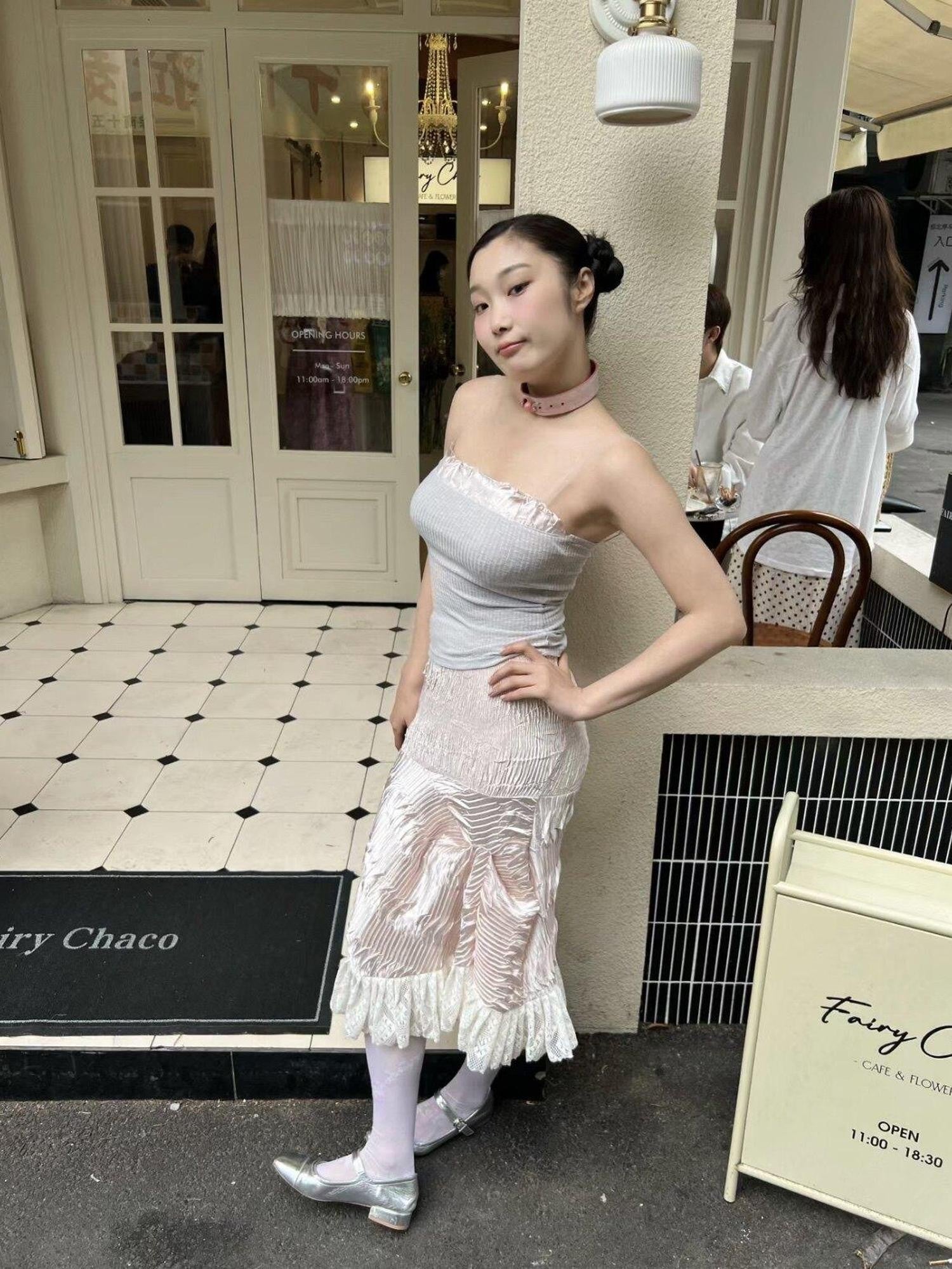 Chipchipshop Pink Ruched Lace Asymmetric Hem Women&