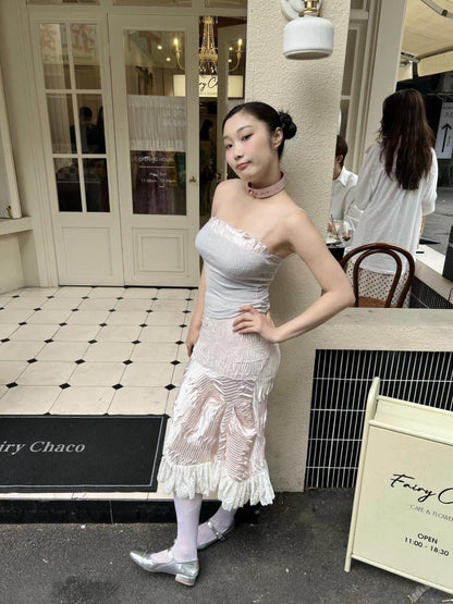 Chipchipshop Pink Ruched Lace Asymmetric Hem Women&