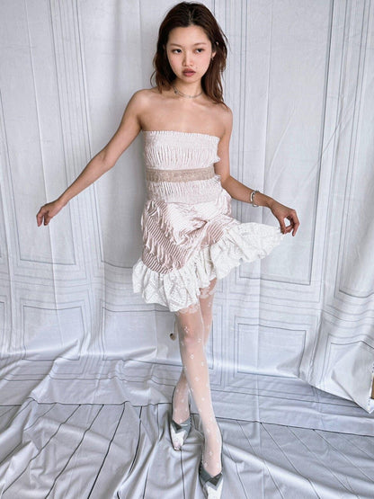 Chipchipshop Pink Ruched Lace Asymmetric Hem Women&