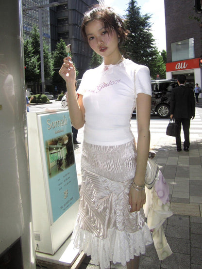 Chipchipshop Pink Ruched Lace Asymmetric Hem Women&