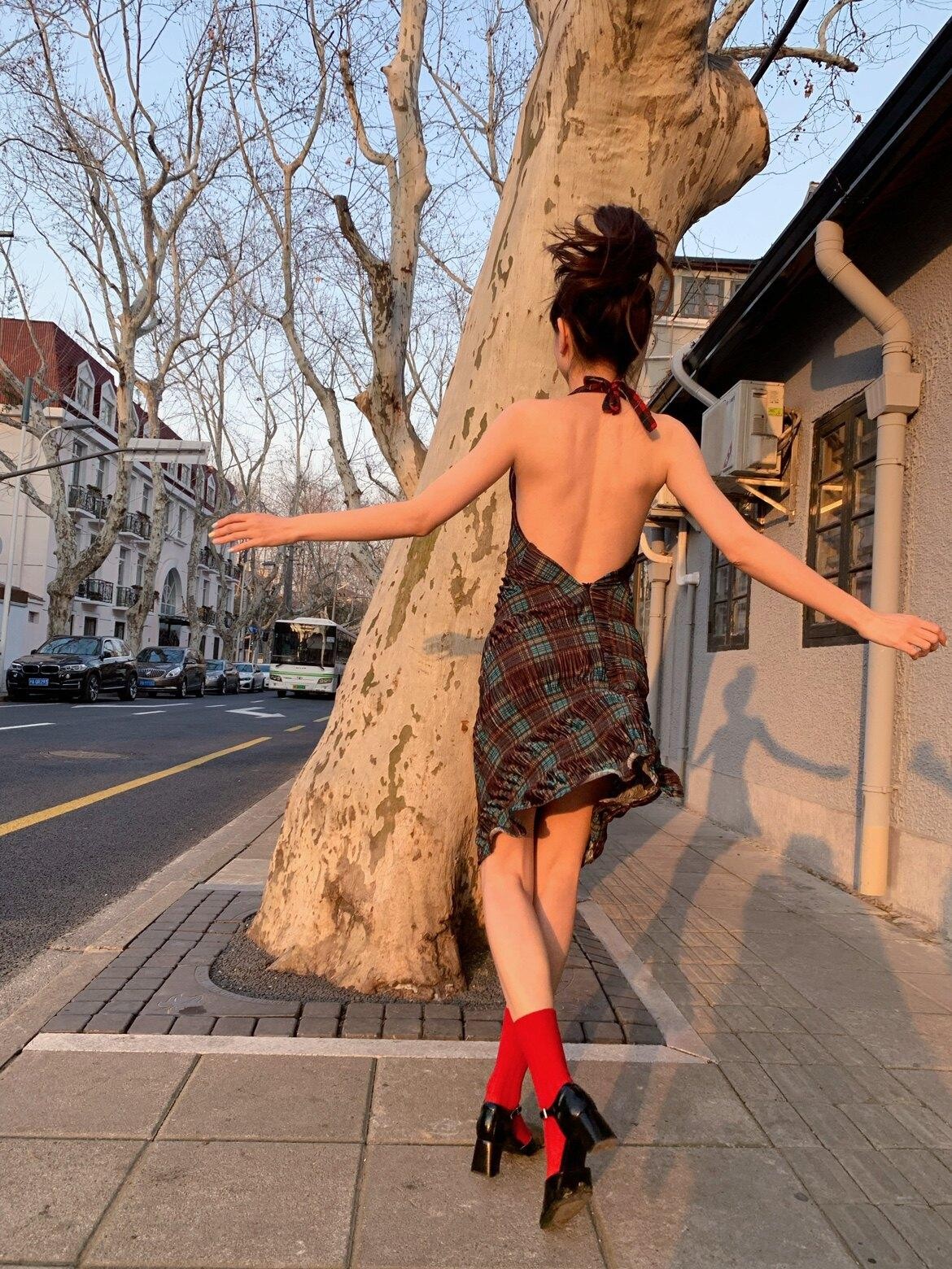 Chipchipshop Plaid Colorblock Asymmetrical Backless Women&