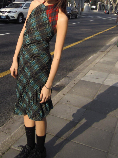 Chipchipshop Plaid Colorblock Asymmetrical Backless Women&